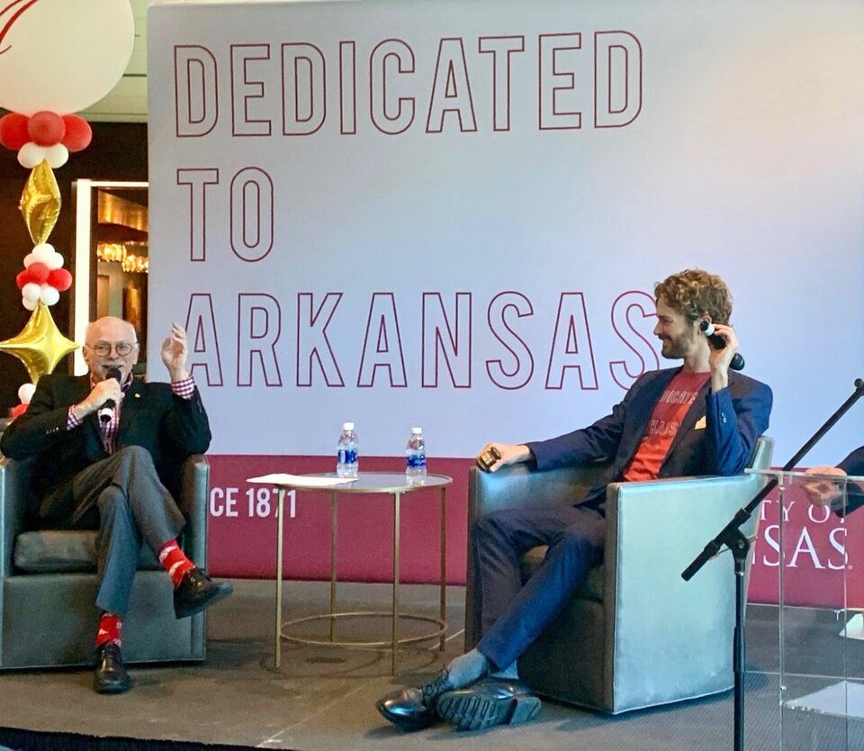 University of Arkansas Chancellor Joseph E. Steinmetz talks with Steuart Walton of the Walton Family Charitable Support Foundation during a meeting on campus in the Fall 2019.